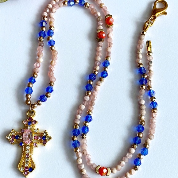 Rhodochrosite with Austrian Crystals Christian Cross Necklace - Picture 4 of 11